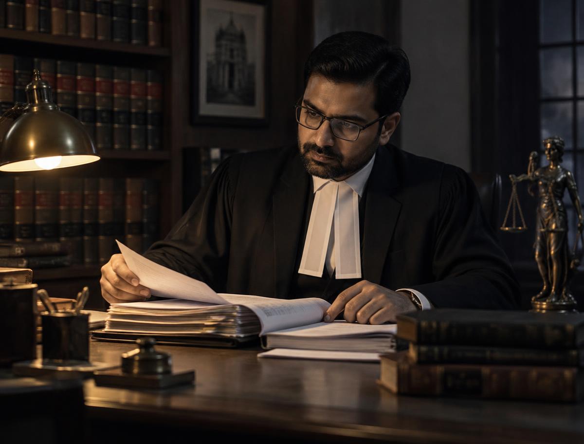 Illustrative advocate reviewing a case file