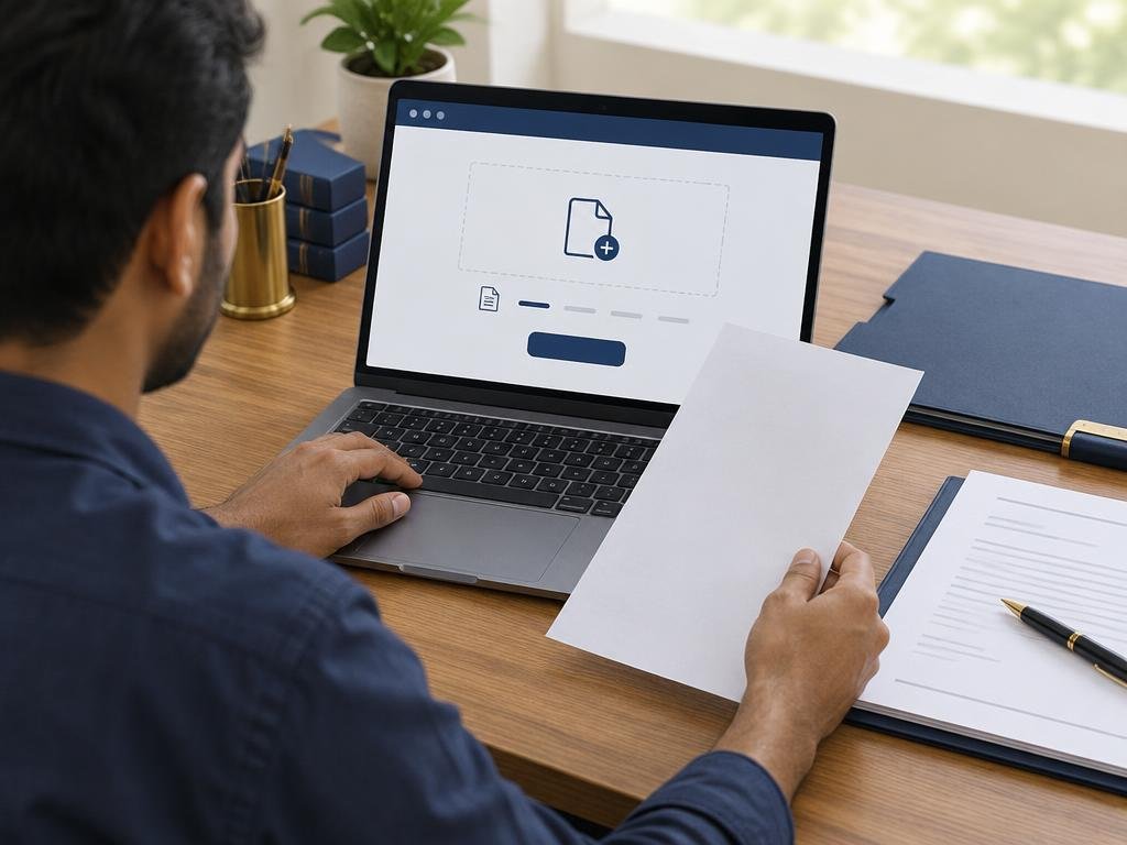 Illustrative scene of a person preparing a document attachment on a laptop